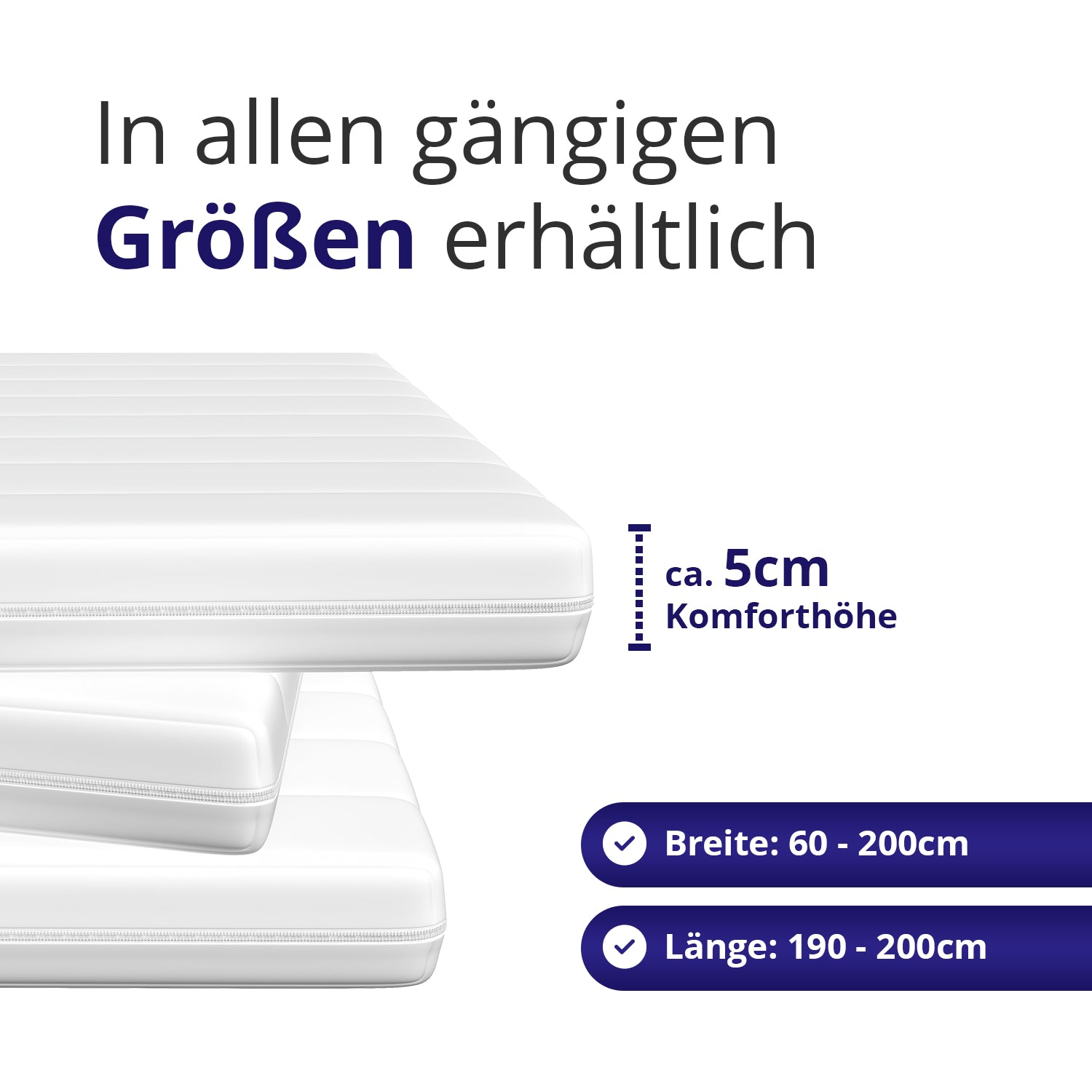 Kaltschaum Matratzenauflage in allen gängigen Größen inclusive 90x200cm und 180x200cm – ca. 5cm hoch für maximalen Schlafkomfort