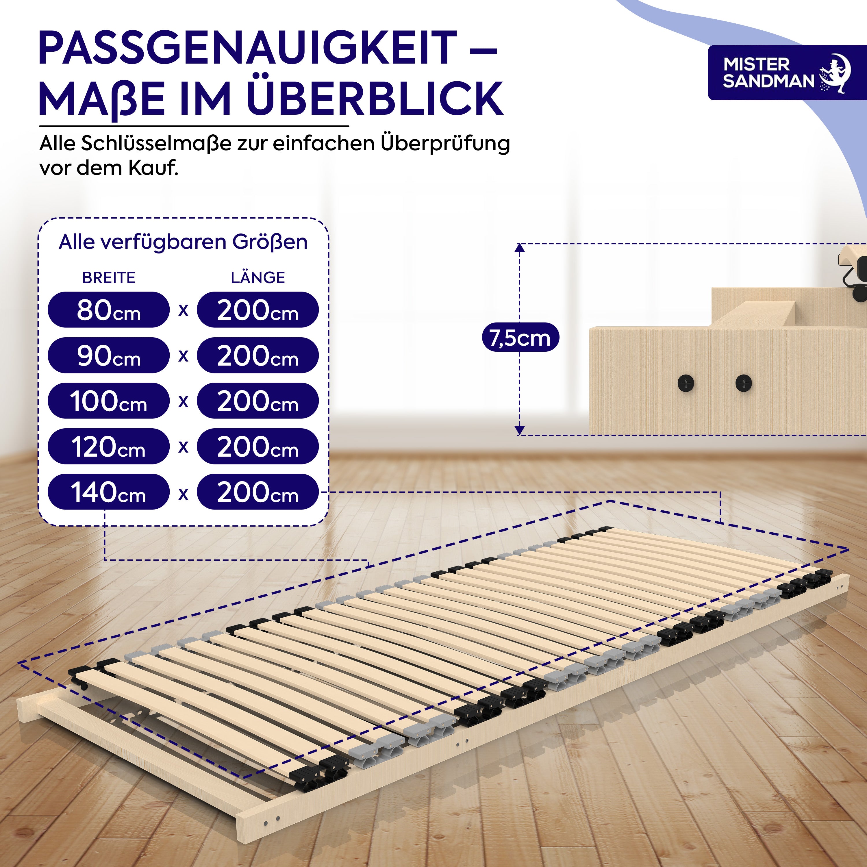 Grössenübersicht des Lattenrostes Mister Sandman, verfügbar in verschiedenen Breiten von 80 bis 140 cm und einer Höhe von 7,5 cm.