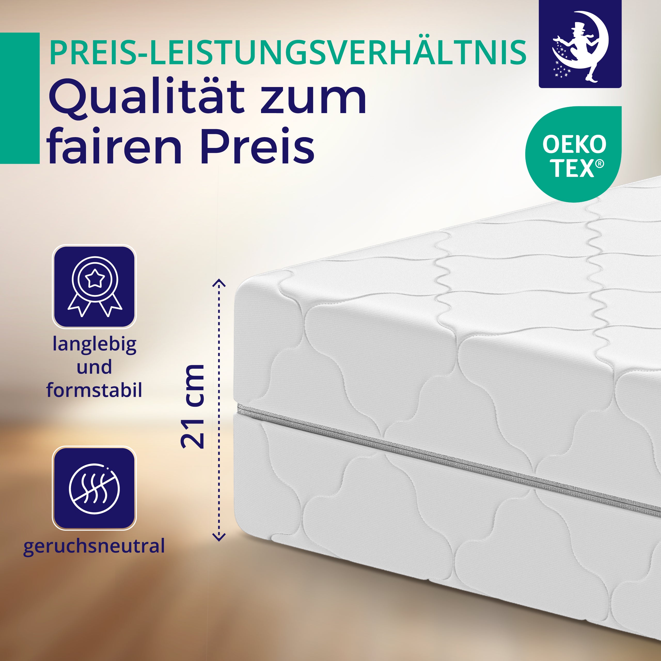 21 cm hohe Mister Sandman Matratze mit langlebigem, formstabilem Aufbau und geruchsneutralen Materialien