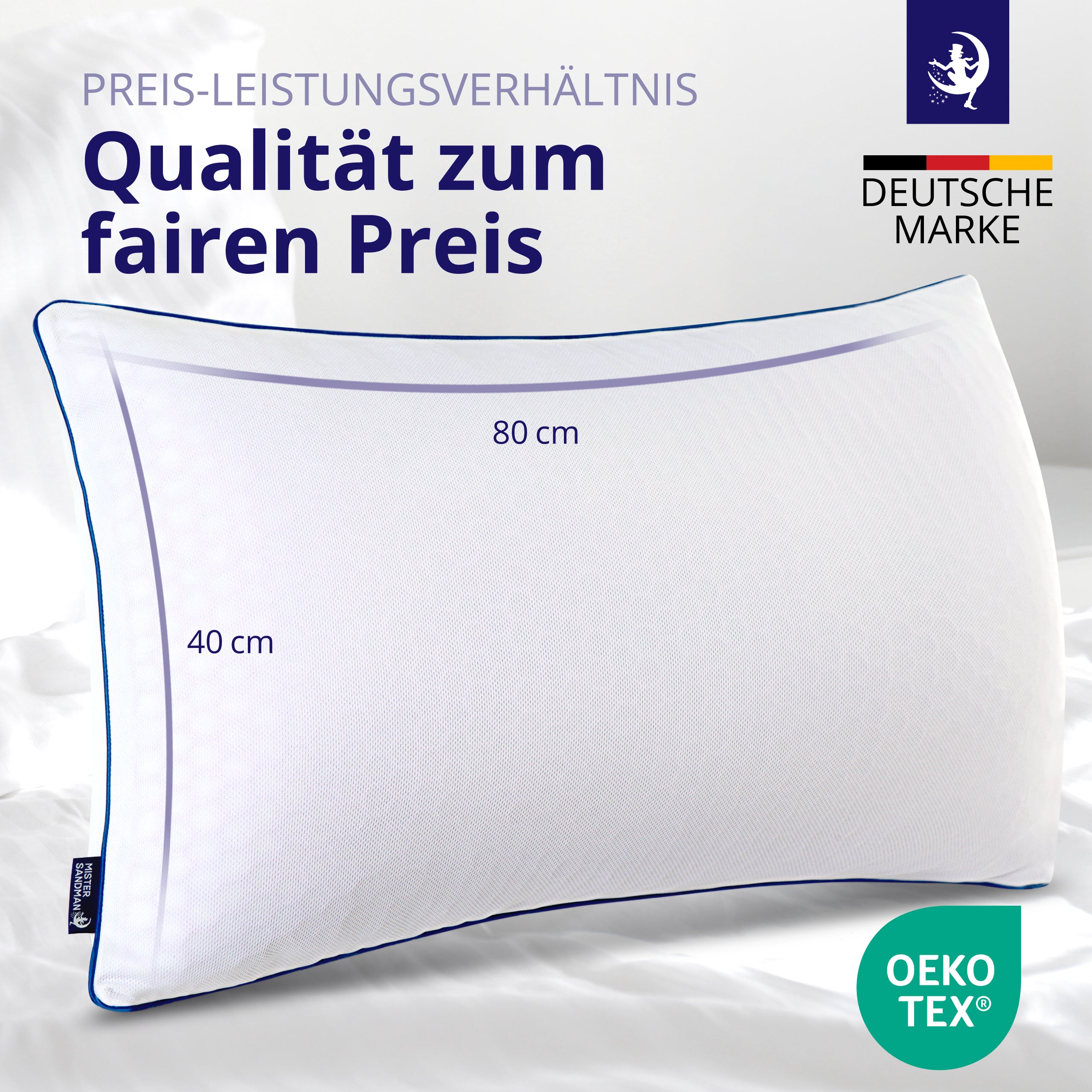 Nackenkissen mit Maßangaben und dem Hinweis „Qualität zum fairen Preis“ – perfekte Passform für alle Schlafpositionen