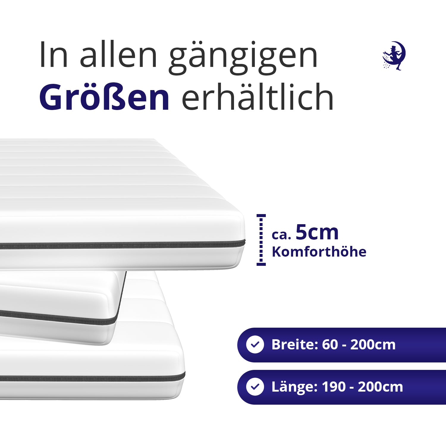 Kaltschaum Topper mit ca. 5 cm Höhe – erhältlich in allen gängigen Größen wie 90x200 cm, 140x200 cm und 180x200 cm.