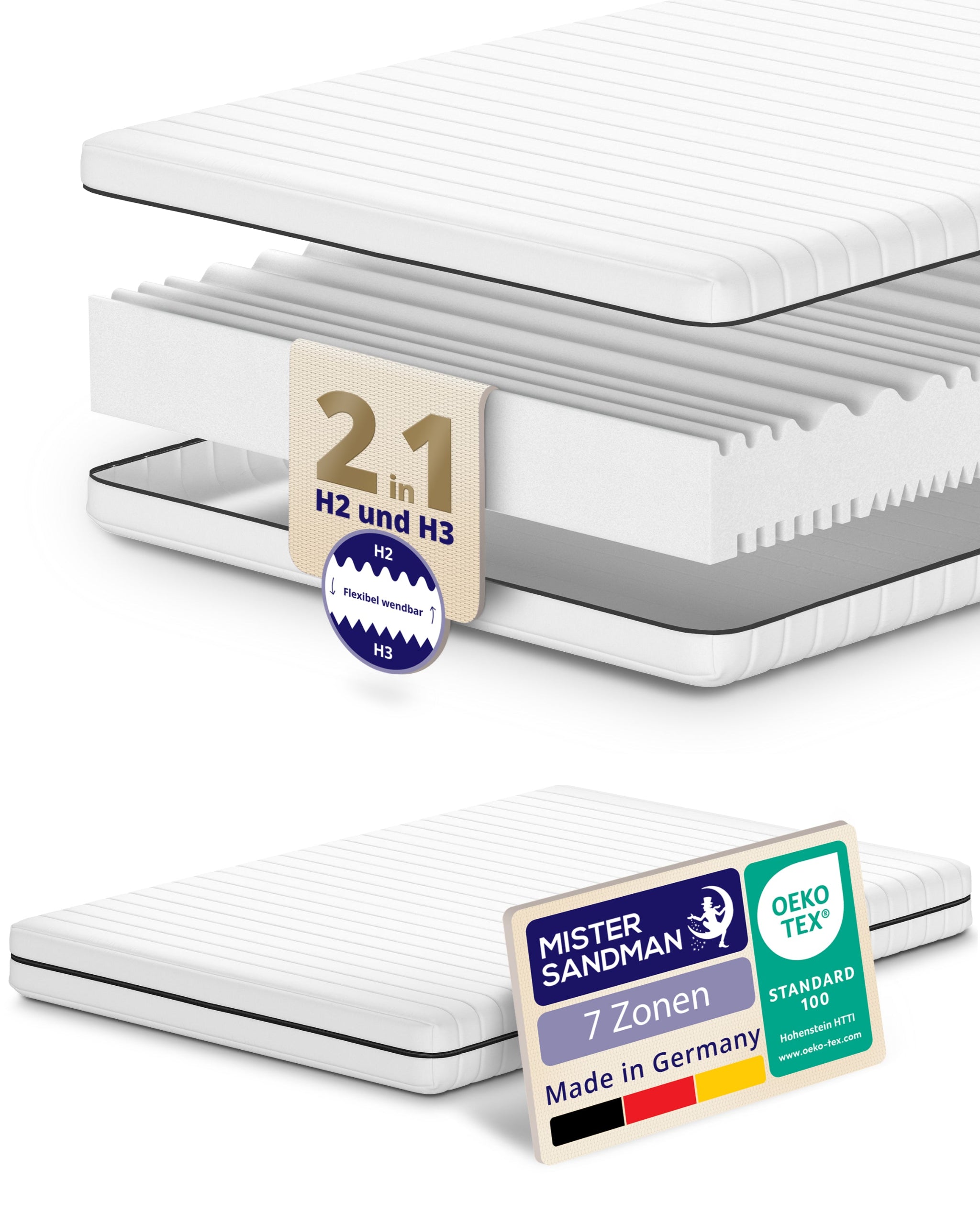 Aufgeschnittene Kaltschaummatratze mit 7-Zonen-Profil, Wendematratze mit H2 und H3 Härtegrad, Oeko-Tex Standard 100, Marke Mister Sandman