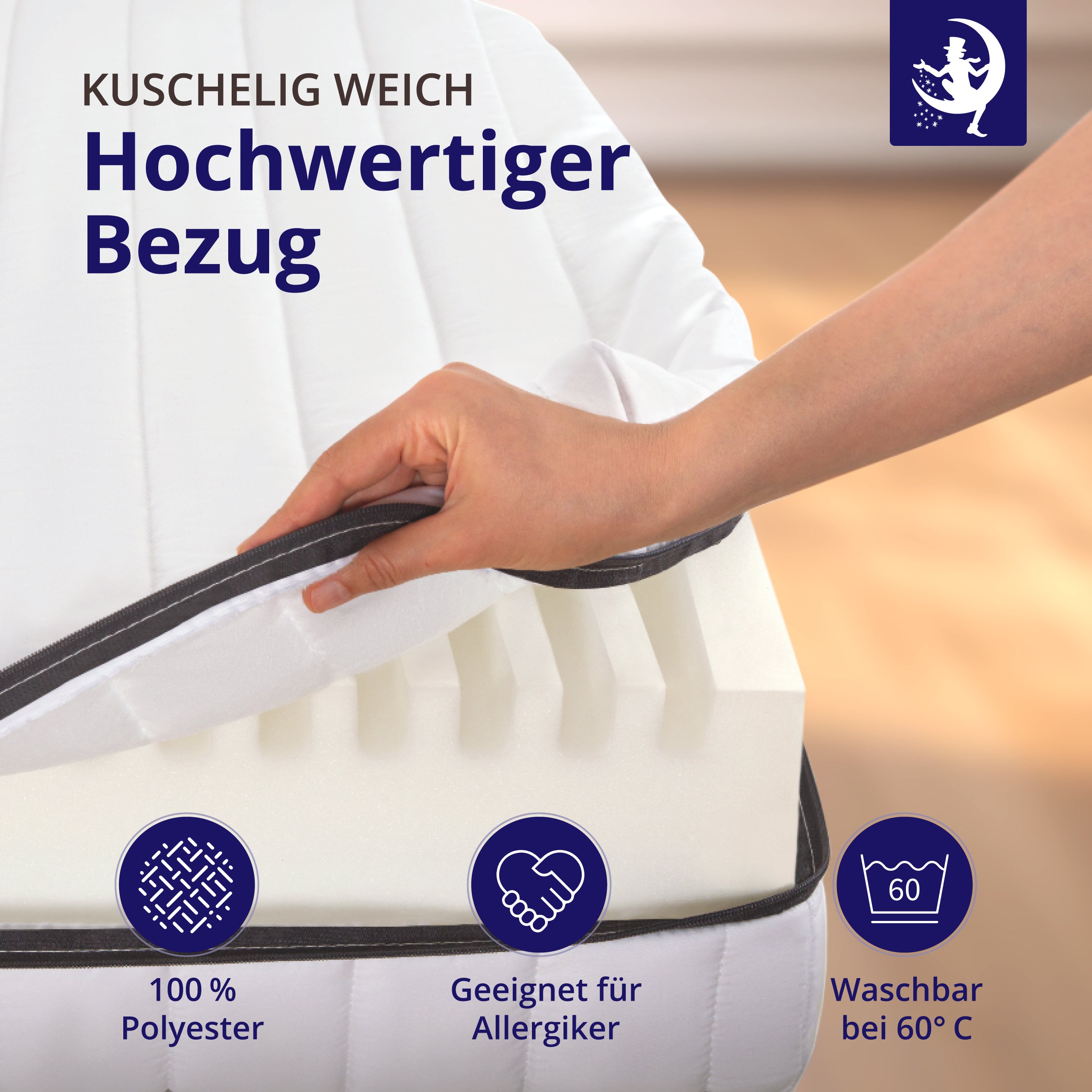 Hand hebt weichen Matratzenbezug an, 100 % Polyester, geeignet für Allergiker, waschbar bei 60 Grad