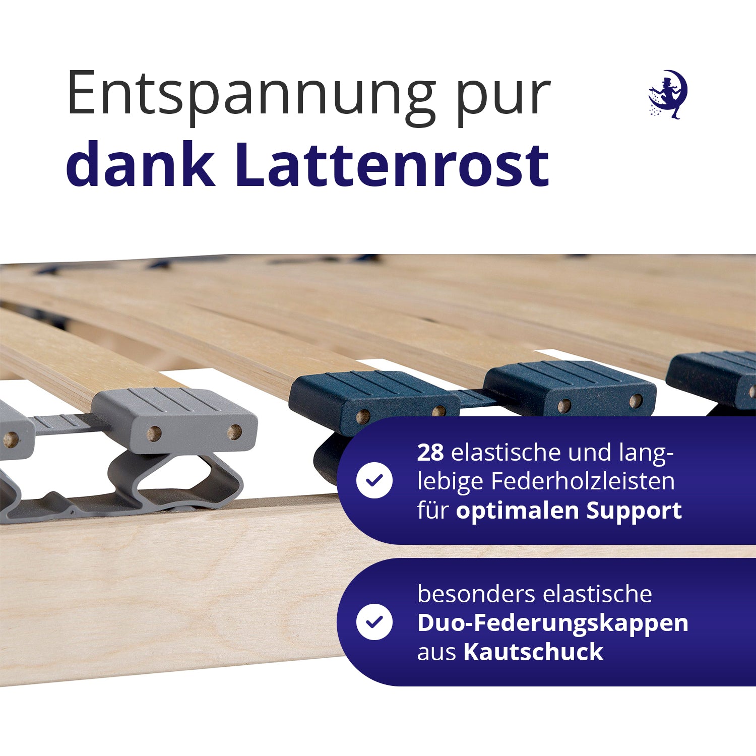 28 elastische Federholzleisten mit langlebigen Duo Kappen aus Kautschuk für flexiblen Halt und punktelastischen Liegekomfort im Dream Base Lattenrost