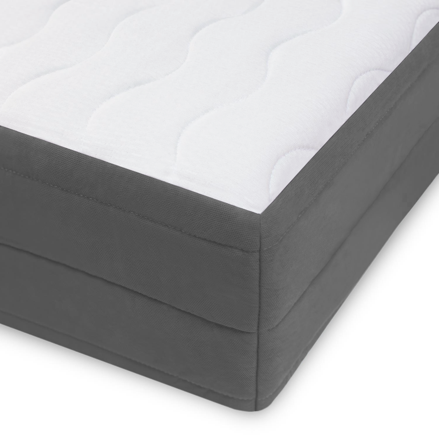 Detailansicht der Matratzen-Ecke mit hochwertigem Doppeltuch-Bezug und ergonomischer Wellenstruktur